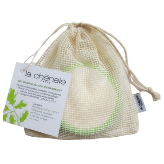 La Chenaie Set Démaquillant Pétrasève Hydra Lotion 3 en 1 + Filet de Lavage + 5 Disques à Démaquiller - 3 Produits