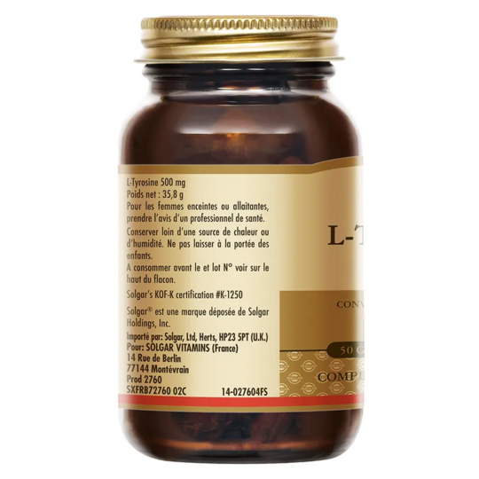 Solgar L-Tyrosine 500 mg – Acide aminé précurseur de la dopamine – 50 gélules