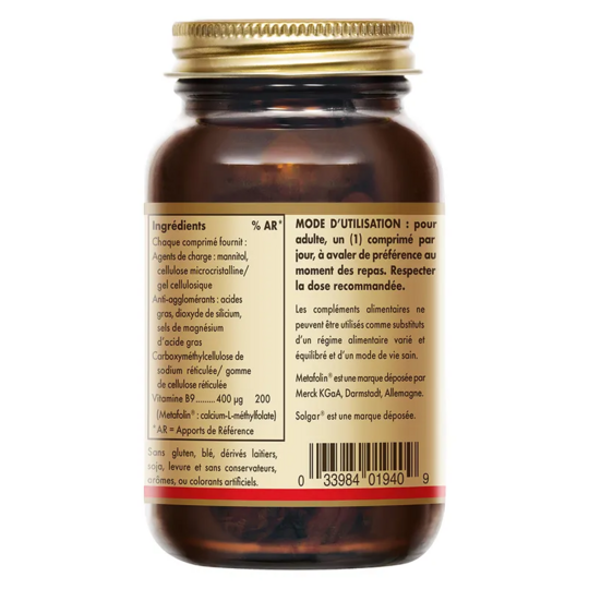 Solgar Metafolin Vitamine B9 400 µg 50 comprimés folates actifs énergie & équilibre