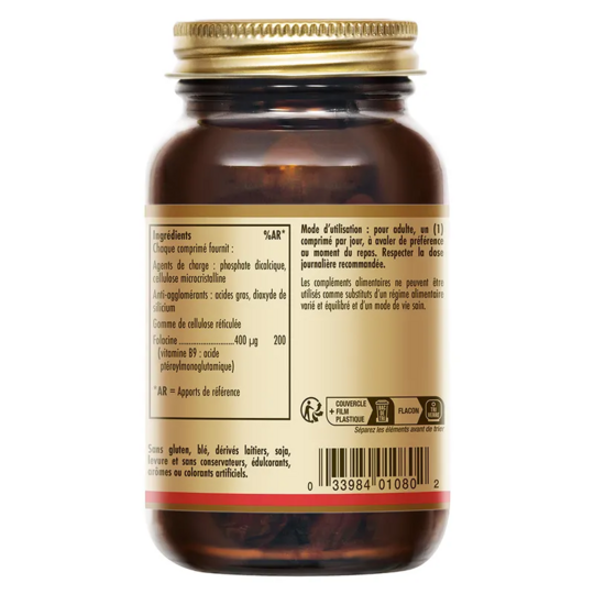 Solgar Vitamine B9 Acide Folique 400 mcg 100 comprimés folates énergie & équilibre cellulaire