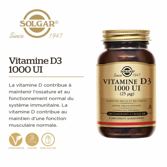 Solgar Vitamine D3 1000 UI comprimés à croquer os, immunité & vitalité