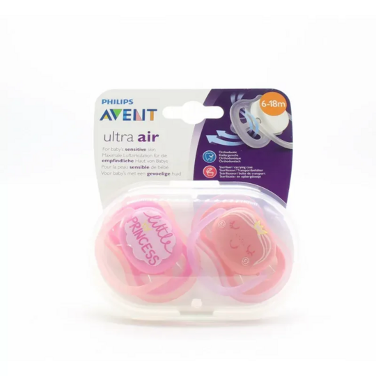 Philips Avent Ultra Air sucette little princess 6-18 mois lot de 2 – sucette orthodontique peau sensible circulation d'air optimale