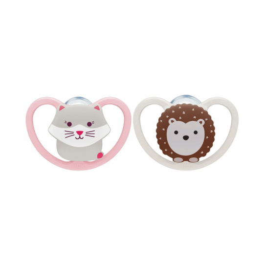 Sucettes Silicone Space 0-6 Mois Motifs Chat/Hérisson - Lot de 2 sucettes