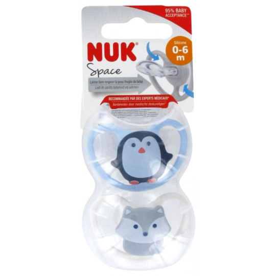 Sucettes Silicone Space 0-6 Mois Motifs PINGOUIN/RENARD - Lot de 2 sucettes
