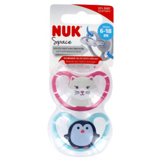Sucettes Silicone Space 6-18 Mois Motifs CHAT PINGOUIN - Lot de 2 sucettes