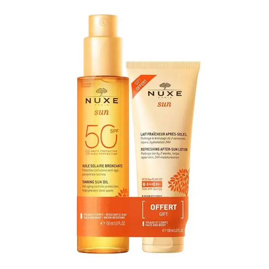 Nuxe Sun Huile Solaire Bronzante SPF50 150 ml + Lait Fraîcheur Après-Soleil 100 ml Offert