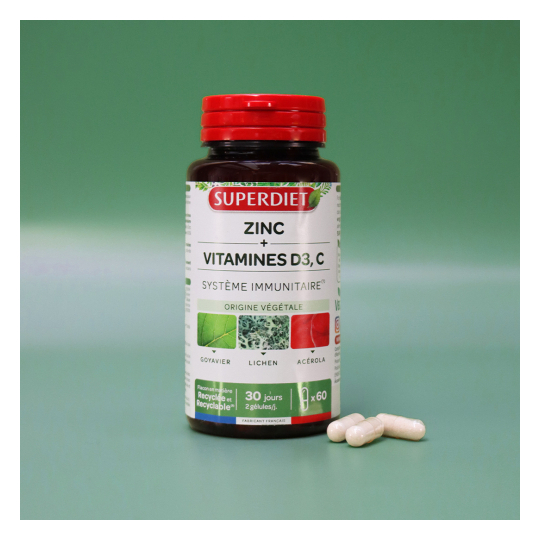 Superdiet Zinc + Vitamines D3, C 60 gélules immunité, énergie & protection cellulaire