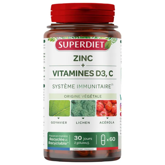 Superdiet Zinc + Vitamines D3, C 60 gélules immunité, énergie & protection cellulaire