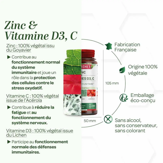 Superdiet Zinc + Vitamines D3, C 60 gélules immunité, énergie & protection cellulaire