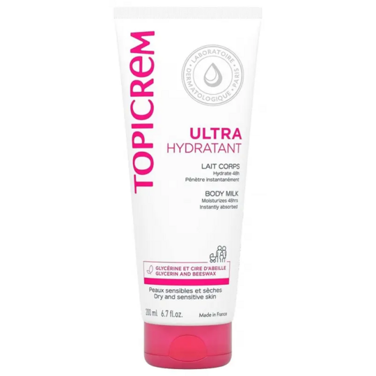Topicrem Ultra-Hydratant lait corps urée glycérine 200 ml —  peaux sensibles sèches 24h