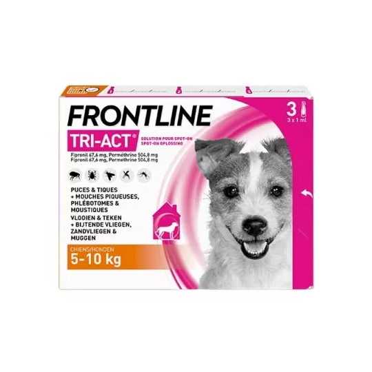 Frontline Tri-Act 67,6 mg / 504,8 mg Chien 5–10 kg – Antiparasitaire externe chien spot-on – Solution pour application cutanée - 3 pipettes