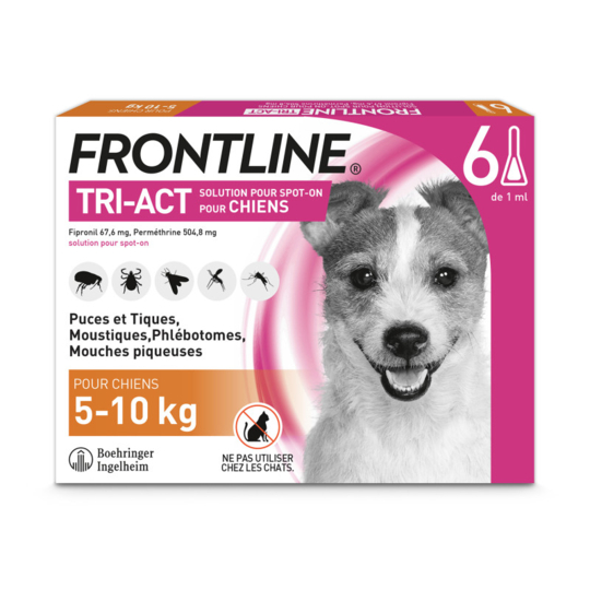 Frontline Tri-Act Chien 5–10 kg – Antiparasitaire externe chien 5–10 kg – Solution pour application cutanée – Boîte de 6 pipettes
