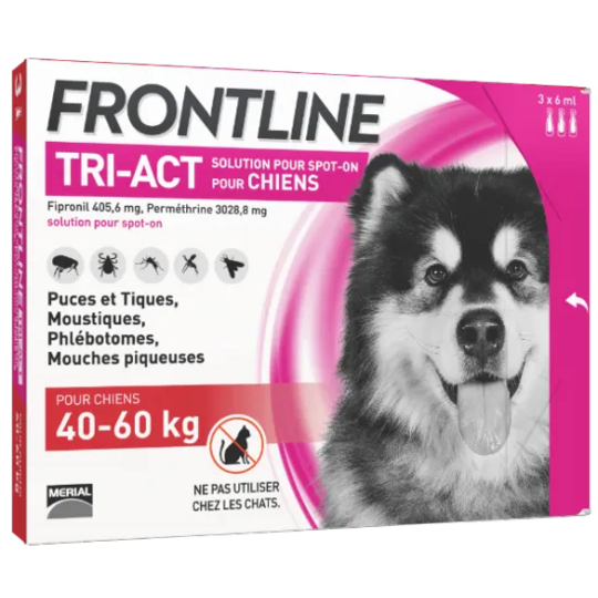 Frontline Tri-Act Chien XL 40–60 kg – Antiparasitaire externe chien XL 40–60 kg – Solution pour application cutanée – Boîte de 3 pipettes