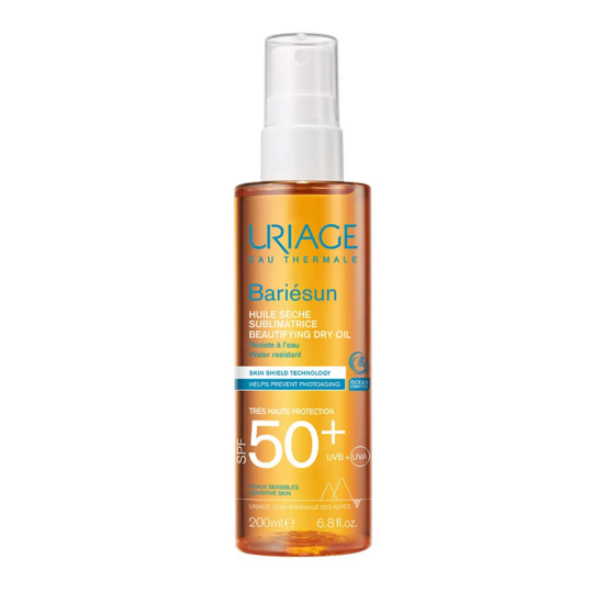 Uriage Bariésun huile sèche sublimatrice SPF50+ 200 ml – huile solaire légère visage, corps et cheveux peaux sensibles