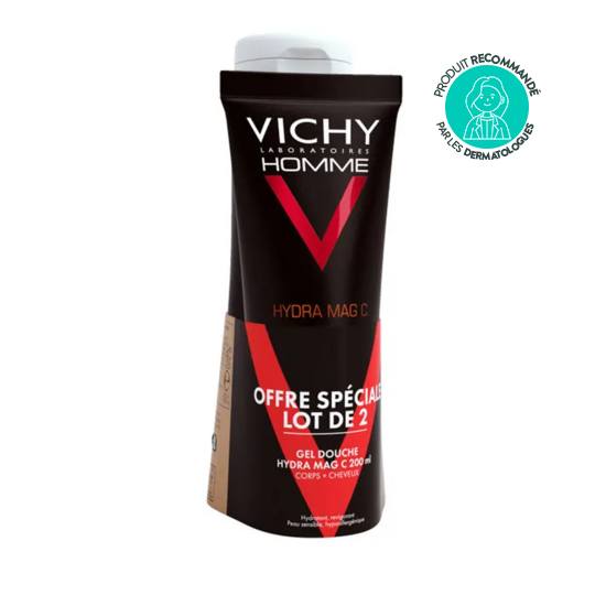 Vichy Homme Hydra Mag-C Gel Douche Hydratant Énergisant Corps & Cheveux 2 x 200 ml – Gel douche tonifiant homme