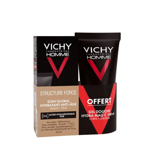 Vichy Homme Coffret Soin Global Hydratant Anti-âge 50 ml + Hydra Mag C Gel Douche Homme 100ml OFFERT