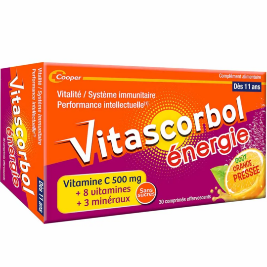 Vitascorbol Énergie 8 Vitamines et 8 Minéraux Goût Orange Pressée – 30 comprimés effervescents