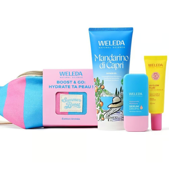 Weleda Banane Boost & Go visage et corps – gel douche, sérum hydratant et fluide solaire SPF30