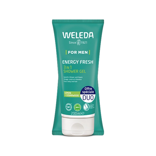 Weleda Duo gel douche 3-en-1 energy fresh 2 × 200 ml – gel douche visage corps cheveux homme