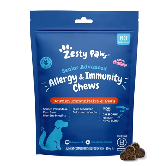 Zesty Paws Senior Advanced Allergy Immunity - Soutien immunitaire et peau 60 friandises en bouchées molles goût saumon