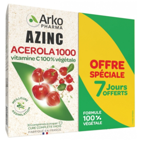 AZINC - Acérola 1000 Vitamine C 100% Végétal - Lot de 2 X 30 Comprimés 