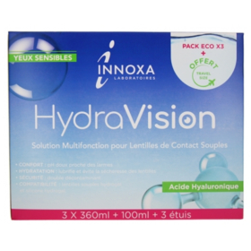 HYDRAVISION - Solution Multifonction Lentilles de Contact Souples - 3 x 360 ml + 100 ml + 3 Etuis