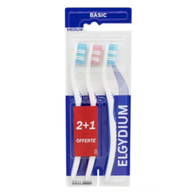 ELGYDIUM - Brosse à Dent Basic Médium - Lot de 3 brosses à dents : 2 +1 offerte