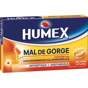 HUMEX - Mal de Gorge Lidocaïne Miel Citron - 24 pastilles avec sucre