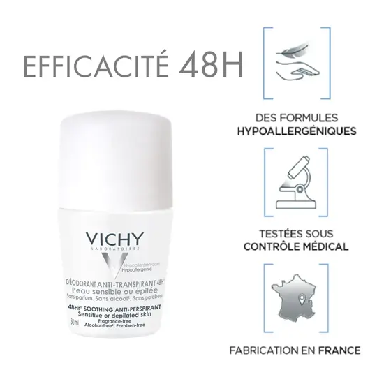 Vichy Déodorant Anti-Transpirant 48H Roll-On Peau Sensible ou Epilée 50 ml