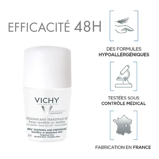 Vichy Déodorant Anti-Transpirant 48H Roll-On Peau Sensible ou Epilée Lot de 2 x 50 ml