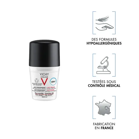 Vichy Homme Anti-transpirant Anti-traces 48h Roll-on 2 x 50 ml