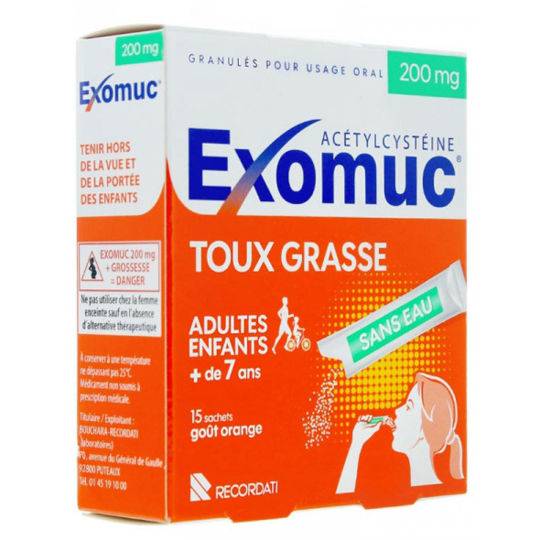 Exomuc 200 mg Toux Grasse - Sans eau - 15 sachets goût orange