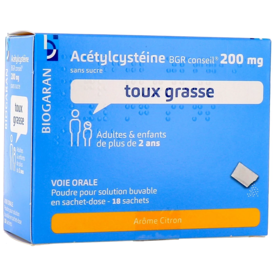 Acétylcystéine - Solution Buvable Toux Grasse 200 mg Goût Citron - 18 sachets