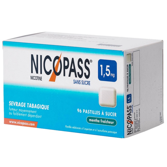 NICOPASS - Sevrage Tabagique Menthe Fraîcheur Sans Sucre 1,5 mg - 96 pastilles à sucer