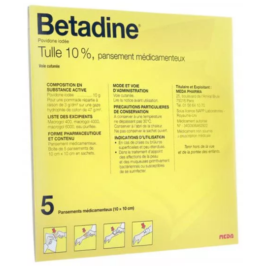 Betadine Tulle 10% - Pansement Médicamenteux - 5 Pansements 10x 10 cm