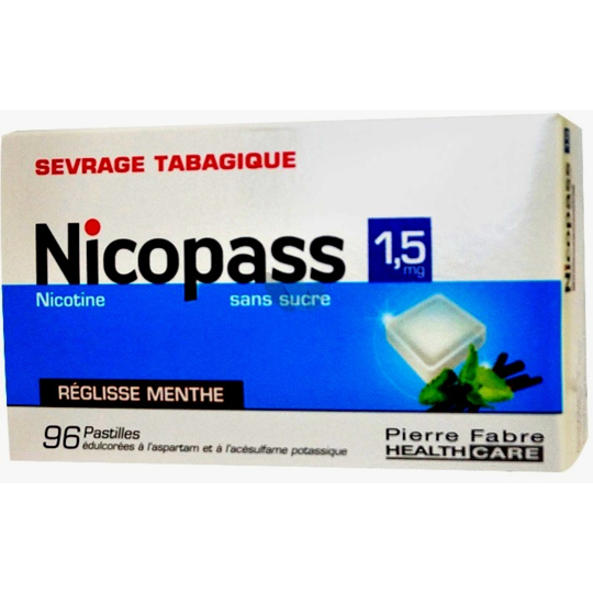 NICOPASS - Sevrage Tabagique Réglisse Menthe Sans Sucre 1,5 mg - 96 pastilles à sucer 