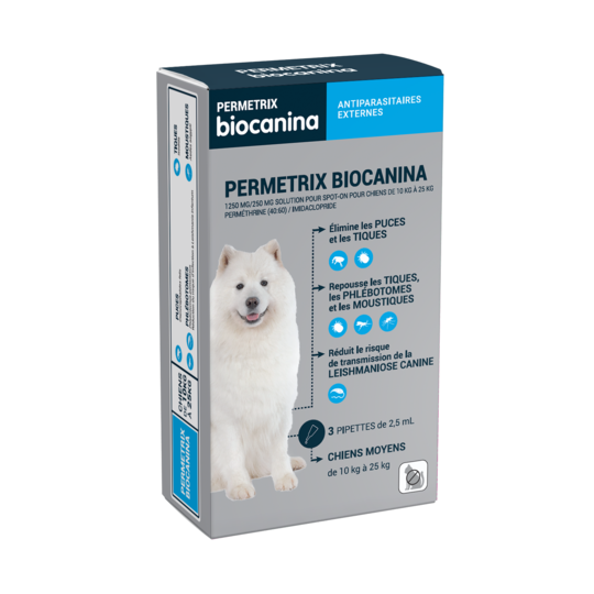 Biocanina Permetrix chiens moyens 10 à 25 Kg 3 Pipettes de 2,5 ml