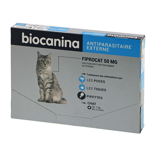Biocanina Antiparasitaire Externe Fiprocat 50 Mg pour les Chats + 1 kg  3 Pipettes de 0,5 ml