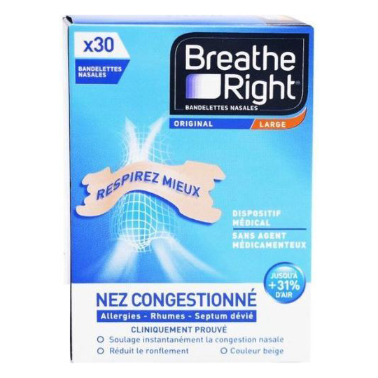 BREATHE RIGHT - Bandelettes Nasales Nez Congestionné - Lot de 30 Bandelettes