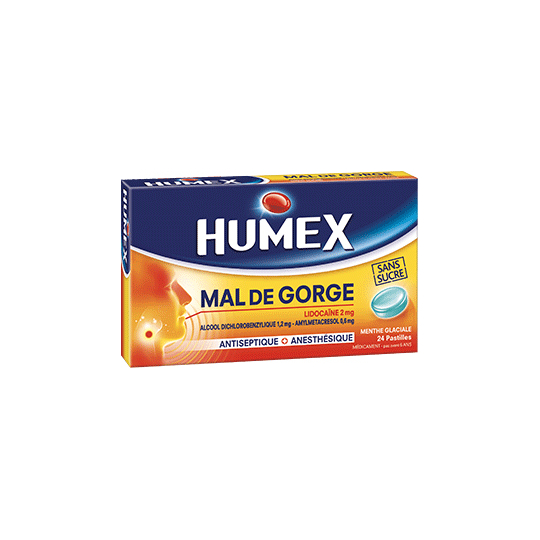 HUMEX - Mal de Gorge Lidocaïne Menthe Glaciale  - 24 pastilles sans sucre