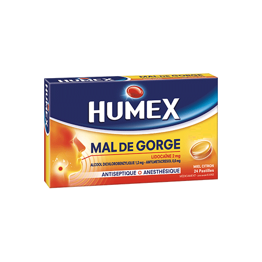 HUMEX - Mal de Gorge Lidocaïne Miel Citron - 24 pastilles avec sucre