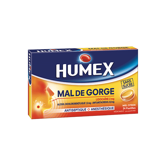 HUMEX - Mal de Gorge Lidocaïne Miel Citron - 24 pastilles sans sucre