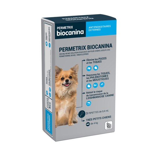 Biocanina Permetrix Très Petits Chiens Moins de 4 Kg  3 Pipettes de 0,4 ml