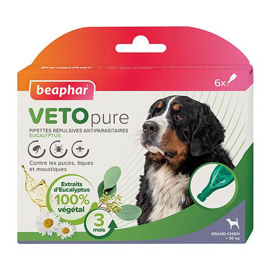 VETOPURE - Pipettes Répulsives Antiparasitaires Grand Chien - 6 pipettes